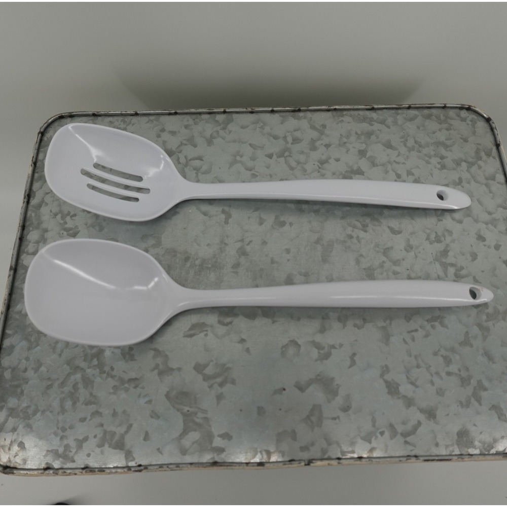 White Melamine Serving Spoon Set Slotted and Solid JP-616 JP-617 11 Inch 2 Piece